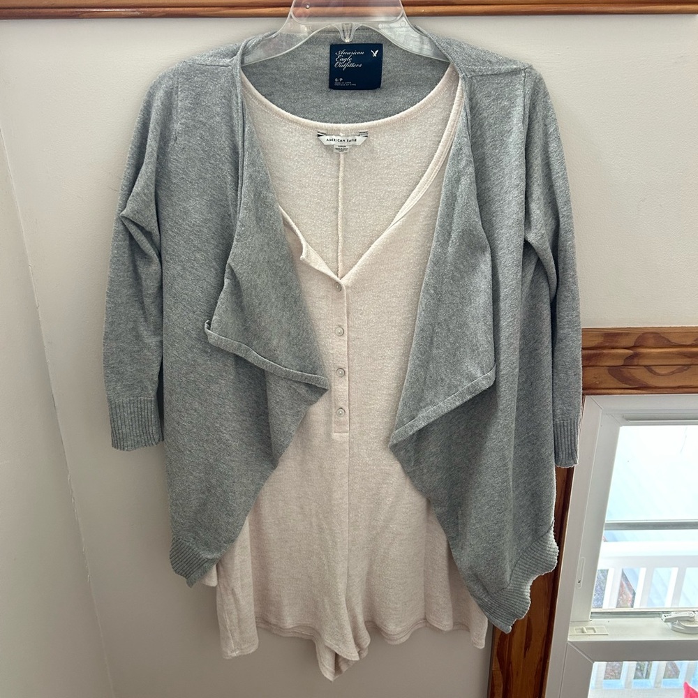 American Eagle Outfitters Light Gray Cardigan and Romper